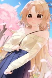 Rule 34 | 1girl, absurdres, arknights, bare shoulders, blonde hair, blue skirt, blue sky, blush, brown eyes, cherry blossoms, cloud, commentary request, cowboy shot, day, highres, killizard, long hair, long sleeves, looking at viewer, off-shoulder sweater, off shoulder, open mouth, petals, pinecone (arknights), pleated skirt, skirt, sky, solo, standing, sweater, very long hair, yellow sweater