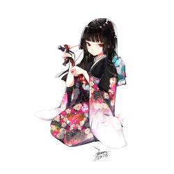 Rule 34 | 1girl, black hair, black kimono, blunt bangs, closed mouth, dated, ejami, enma ai, hime cut, japanese clothes, jigoku shoujo, kimono, long hair, looking at viewer, red eyes, signature, simple background, sitting, solo, straw doll, white background