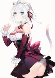 Rule 34 | 1girl, absurdres, animal ears, ass, bare shoulders, bell, black thighhighs, blue eyes, bow, breasts, cat ears, cat tail, cleavage, dress, frilled hairband, frilled sleeves, frills, hair ribbon, hairband, headdress, highres, looking at viewer, maid, maid headdress, neck bell, official art, panties, panty peek, purple bow, purple dress, ribbon, short hair, siesta (tantei wa mou shindeiru), simple background, solo, tail, tantei wa mou shindeiru, thighhighs, umibouzu (niito), underwear, white background, white hair, white panties