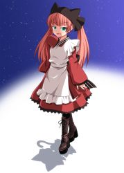 Rule 34 | 1girl, animal hat, aqua eyes, black hat, boots, brown footwear, cat hat, cat tail, cross-laced footwear, different shadow, fang, green eyes, gugure! kokkuri-san, hat, high heel boots, high heels, highres, knee boots, kyuutou (kyuutouryuu), lace-up boots, long sleeves, open mouth, pantyhose, platform footwear, red hair, shadow, standing, tail, tama (gugukoku), thighhighs, twintails