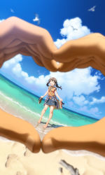 Rule 34 | 1girl, :d, ^ ^, aoi sora (pairan), bag, barefoot, beach, bird, blurry, blush, brown hair, clothes around waist, cloud, day, denim, denim skirt, depth of field, dutch angle, closed eyes, feet, fisheye, footprints, full body, happy, heart, heart hands, highres, holding, holding shoes, jacket, jacket around waist, long hair, ocean, open mouth, original, outdoors, pairan, plaid, pov, pov hands, round teeth, sand, seagull, shirt, shoes, unworn shoes, shoulder bag, skirt, sky, smile, sneakers, standing, teeth, tied shirt, twintails, water