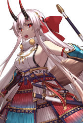 Rule 34 | 1girl, arm guards, armor, breasts, famepeera, fate/grand order, fate (series), hachimaki, hair between eyes, headband, horns, japanese armor, japanese clothes, katana, kusazuri, long hair, looking at viewer, medium breasts, oni horns, open mouth, red eyes, sideboob, simple background, solo, sword, teeth, tomoe gozen (fate), tsurime, unsheathed, wakizashi, weapon, white background, white hair