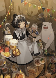 Rule 34 | 4girls, ahoge, alcohol, barrel, bear, beer, beer mug, black eyes, black hair, blue hair, blue headwear, blush, bottle, bow, bowtie, bread, breasts, chair, chopsticks, cleavage, closed eyes, clothes lift, commentary request, confetti, cup, dress, drinking, eyewear on head, facing viewer, foam, food, fork, french fries, frilled dress, frills, grey footwear, hair bun, hat, head rest, highres, holding, holding cup, indoors, juliet sleeves, knife, kururi, long sleeves, looking at viewer, maid, maid headdress, meat, medium breasts, mug, multiple girls, official art, on table, one eye closed, open mouth, outstretched arm, plate, polar bear, puffy sleeves, shirokuma tensei, shoes, short hair, single hair bun, skewer, skirt, skirt lift, small breasts, spill, standing, sweatdrop, table, vegetable, white hair, white neckwear