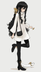 Rule 34 | 1girl, absurdres, ankle boots, bag, black bag, black footwear, black hair, black legwear, blush, boots, creature, cross-laced footwear, dress, closed eyes, full body, ginkgo leaf, gregor (tsurunoka), hair ribbon, highres, holding, holding leaf, lace-up boots, lead white (tsurunoka), leaf, leg up, long hair, long sleeves, original, ribbon, shadow, shoulder bag, simple background, solo, standing, standing on one leg, tsumetai (tsurunoka), very long hair, white background, white dress, yellow ribbon