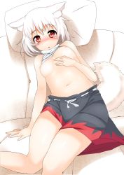 Rule 34 | 1girl, animal ears, breasts, clothes lift, female focus, hat, inubashiri momiji, legs, looking at viewer, lying, nipples, pillow, red eyes, shirt lift, short hair, silver hair, solo, tail, terazip, tokin hat, touhou, wolf ears, wolf tail