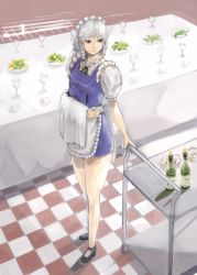 Rule 34 | 1girl, apron, bare legs, black footwear, black ribbon, bottle, braid, cart, checkered floor, cup, dole (artist), drinking glass, flower, folded napkin, frills, from above, full body, grey hair, indoors, izayoi sakuya, looking away, looking to the side, maid, maid apron, maid headdress, mary janes, napkin, neck ribbon, puffy short sleeves, puffy sleeves, red eyes, ribbon, shoes, short hair, short sleeves, smile, solo, standing, table, tablecloth, touhou, twin braids, waist apron, wine bottle, wine glass