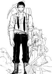 Rule 34 | 1boy, 1girl, absurdres, age difference, axe, backpack, bag, closed mouth, dress, full body, greyscale, hair ribbon, highres, holding hands, last origin, looking at viewer, lrl (last origin), luke (dydansgur), monochrome, pickaxe, print eyepatch, ribbon, sketch, twintails, two side up