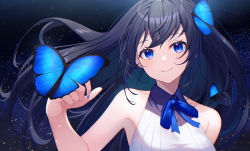 Rule 34 | 1girl, black hair, blue eyes, blue nails, blue ribbon, blush, breasts, bug, butterfly, earrings, female focus, highres, insect, jewelry, long hair, looking at viewer, medium breasts, nail polish, nishino eri, original, ribbon, ribbon-trimmed collar, ribbon trim, shirt, sky, sleeveless, smile, solo, star (sky), starry sky, upper body, white shirt