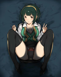 Rule 34 | 1girl, black thighhighs, blush, breasts, buttons, cleavage, green hair, hanarito, idolmaster, idolmaster (classic), large breasts, long sleeves, looking at viewer, mole, mole under mouth, open mouth, otonashi kotori, panties, red eyes, shadow, short hair, skirt, solo, spread legs, thighhighs, underwear, v