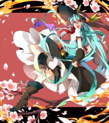 Rule 34 | 1girl, akibotann, black gloves, blue hair, boots, cherry blossoms, dress, dutch angle, fingerless gloves, flower, food, fruit, full body, gloves, hat, hinanawi tenshi, long hair, open mouth, peach, petals, puffy sleeves, red background, red eyes, short sleeves, smile, solo, standing, standing on one leg, sword of hisou, touhou, upskirt