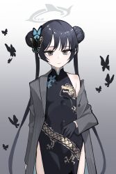 Rule 34 | 1girl, absurdres, black dress, black gloves, black hair, blue archive, butterfly hair ornament, china dress, chinese clothes, double bun, dress, gloves, grey eyes, grey jacket, groin, hair bun, hair ornament, halo, highres, jacket, ka keo, kisaki (blue archive), long hair, open clothes, open jacket, pinstripe jacket, pinstripe pattern, solo, striped, twintails
