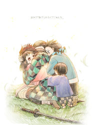 Rule 34 | 2girls, 4boys, black hair, black pants, bowl cut, brother and sister, brothers, brown hair, buzz cut, checkered clothes, child, choinyulang, coat, covered face, covered mouth, crying, crying with eyes open, demon slayer uniform, facing away, group hug, hair ribbon, hand on another&#039;s back, hand on another&#039;s head, hands on another&#039;s shoulder, haori, headpat, highres, hug, japanese clothes, kamado hanako, kamado nezuko, kamado rokuta, kamado shigeru, kamado takeo, kamado tanjirou, katana, kimetsu no yaiba, long sleeves, multiple boys, multiple girls, on ground, outstretched arm, pants, profile, red eyes, red hair, ribbon, sandals, scarf, scarf over mouth, shoe soles, short hair, siblings, simple background, sisters, spiked hair, standing, sword, tears, translation request, unsheathed, very short hair, weapon, white background, wind, zouri