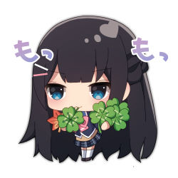 Rule 34 | 1girl, :3, absurdres, autumn leaves, big head, black hair, black jacket, black skirt, blazer, blue eyes, blush, bow, braid, brown footwear, chibi, closed mouth, clover, four-leaf clover, full body, hair ornament, hairclip, highres, holding, jacket, long hair, looking away, mouth hold, nijisanji, pink bow, plaid, plaid skirt, pleated skirt, sapphire (sapphire25252), simple background, skirt, solo, standing, thighhighs, tsukino mito, tsukino mito (1st costume), very long hair, virtual youtuber, white background, white thighhighs