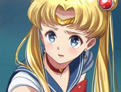 Rule 34 | 1girl, bishoujo senshi sailor moon, blonde hair, blue eyes, blue sailor collar, bow, bowtie, chesuke, choker, circlet, crescent, crescent earrings, derivative work, double bun, earrings, female focus, hair bun, hair intakes, hair ornament, heart, heart choker, highres, jewelry, long hair, magical girl, meme, open mouth, portrait, red bow, red bowtie, red choker, sailor collar, sailor moon, sailor moon redraw challenge (meme), solo, twintails