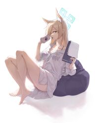 Rule 34 | 1girl, 723 chfhrqur, absurdres, alternate costume, animal ear fluff, animal ears, bare legs, barefoot, bean bag chair, black bra, blonde hair, blue archive, blue halo, bra, breasts, cleavage, clipboard, coffee mug, collarbone, cup, extra ears, feet, full body, grey eyes, hair over one eye, halo, highres, holding, holding clipboard, holding cup, kanna (blue archive), knees up, large breasts, legs, long hair, long sleeves, looking at viewer, mug, open mouth, paw print, see-through, see-through shirt, sharp teeth, shirt, simple background, sitting, solo, tablet pc, teeth, toes, underwear, white background, white shirt