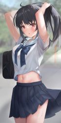 Rule 34 | 1girl, ahoge, arms behind head, arms up, bag, black hair, black skirt, blue bow, blue bowtie, blurry, blurry background, blush, bow, bowtie, breasts, collared shirt, cowboy shot, crop top, crop top overhang, depth of field, highres, long hair, looking at viewer, medium breasts, midriff, miniskirt, mole, mole on arm, navel, original, outdoors, parted lips, pleated skirt, ponytail, red eyes, school bag, school uniform, serafuku, shirt, short sleeves, shoulder bag, skirt, solo, standing, stomach, sweat, toratora (nanahaba), tying hair, wet, white shirt, wind, wind lift
