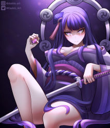 Rule 34 | 1girl, absurdres, breasts, closed mouth, commentary, daddo art, english commentary, eyes in shadow, genshin impact, hair ornament, highres, holding, holding sword, holding weapon, japanese clothes, katana, kimono, large breasts, long hair, long sleeves, looking at viewer, mole, mole under eye, purple background, purple eyes, purple hair, raiden shogun, shaded face, solo, sword, tassel, vision (genshin impact), weapon, wide sleeves