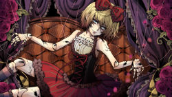 Rule 34 | 1girl, bad id, bad pixiv id, blonde hair, blue eyes, bow, couch, curtains, doll joints, ebino, flower, hair bow, joints, kagamine rin, kneehighs, lace-up, marionette (vocaloid), patterned upholstery, red flower, red rose, rose, short hair, sitting, skirt, smile, socks, solo, string, striped clothes, striped socks, vocaloid