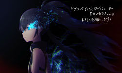 Rule 34 | 1girl, absurdres, text background, bare back, bare shoulders, bikini, bikini top only, black rock shooter, black rock shooter: dawn fall, black rock shooter (character), blue eyes, breasts, closed mouth, commentary, commentary request, copyright name, crossed bangs, drawdream1025, english commentary, eyebrows hidden by hair, from side, highres, long hair, multicolored background, partial commentary, sidelocks, small breasts, solo, swimsuit, twintails, upper body
