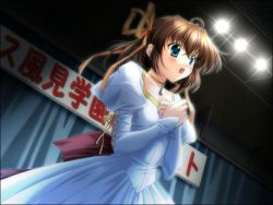 Rule 34 | 00s, 1girl, :o, asakura nemu, blue eyes, brown hair, curtains, da capo, da capo i, dress, dutch angle, game cg, indoors, juliet sleeves, lights, long sleeves, music, nanao naru, open mouth, own hands together, puffy long sleeves, puffy sleeves, short hair, singing, solo, stage lights, text focus, white dress