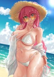 Rule 34 | 1girl, ass, azur lane, beach, bikini, blue sky, breasts, chanel, cleavage, dutch angle, female focus, finger to mouth, flower, green eyes, hat, hat flower, highres, jaga stick, large breasts, lips, long hair, looking at viewer, looking over eyewear, looking over glasses, multiple straps, navel, official alternate costume, orange-tinted eyewear, orange-tinted glasses, purple hair, see-through, shadow, see-through, sky, solo, straw hat, sun, sun hat, sunglasses, surcouf (azur lane), surcouf (loisirs balneaires) (azur lane), swimsuit, tinted eyewear, wet, white bikini, yellow-tinted eyewear
