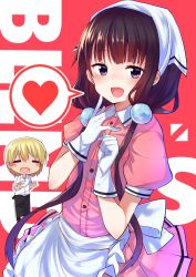Rule 34 | 1boy, 1girl, :d, apron, black apron, blend s, blonde hair, blunt bangs, blush, chibi, closed eyes, collared shirt, commentary request, copyright name, dino (blend s), dress shirt, frilled apron, frills, gloves, hair ornament, head scarf, heart, highres, keshiks (keshiksext), long hair, looking at viewer, low twintails, open mouth, pink shirt, pink skirt, pleated skirt, puffy short sleeves, puffy sleeves, purple eyes, purple hair, red background, sakuranomiya maika, shirt, short sleeves, skirt, smile, spoken heart, standing, twintails, uniform, very long hair, waist apron, waitress, white apron, white gloves, white shirt