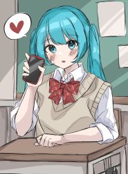 Rule 34 | 1girl, :o, absurdres, aqua eyes, aqua hair, beige vest, blush, bow, bowtie, cellphone, chalkboard, classroom, collared shirt, commentary, desk, hand up, hatsune miku, heart, highres, holding, holding phone, indoors, long hair, looking at viewer, open mouth, phone, red bow, red bowtie, school desk, school uniform, shirt, sitting, sk duki, smartphone, solo, speech bubble, spoken heart, twintails, upper body, vocaloid, white shirt
