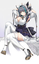 Rule 34 | 1girl, absurdres, animal ears, apron, aqua eyes, armpits, arms up, azur lane, black footwear, breasts, cat ears, cheshire (azur lane), cleavage, detached sleeves, dress, fake animal ears, frilled hairband, frilled headband, frilled ribbon, frills, full body, hairband, high heels, highres, huge breasts, long ribbon, looking at viewer, maid, maid headdress, multicolored hair, pixel (yuxian), puffy detached sleeves, puffy sleeves, pumps, purple apron, ribbon, sitting, solo, streaked hair, thighhighs, white thighhighs, wrist cuffs