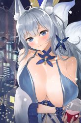 Rule 34 | 1girl, against glass, ahoge, animal ear fluff, animal ears, arm under breasts, azur lane, bare shoulders, blue collar, blue dress, blue eyes, blush, breasts, cityscape, cleavage, collar, cup, dress, feather boa, fox ears, fox girl, grey hair, hair between eyes, hair ornament, halter dress, halterneck, highres, holding, holding cup, huge breasts, large tail, long hair, looking at viewer, nail polish, ootani nonno, pink nails, reflection, shinano (azur lane), shinano (dreams of the hazy moon) (azur lane), snowflakes, solo, tail, upper body, wrist flower