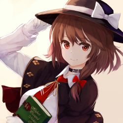 Rule 34 | 1girl, absurdres, asymmetrical hair, book, bow, brown hair, capelet, choker, closed mouth, expressionless, gloves, hair bow, hat, hat ribbon, highres, long sleeves, looking at viewer, lumo 1121, necktie, red bow, red eyes, red necktie, ribbon, simple background, solo, touhou, upper body, usami renko, white gloves, white ribbon