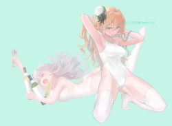 Rule 34 | 2girls, alcohol, aqua background, banned artist, bare arms, bare shoulders, blonde hair, bottle, braid, breasts, brown eyes, closed eyes, commission, cup, dated, drinking glass, french braid, full body, grey hair, hair between eyes, hat, highres, kantai collection, large breasts, long hair, mini hat, multiple girls, nacht (nacht 01), one-piece swimsuit, open mouth, pola (kancolle), simple background, skeb commission, swimsuit, thighhighs, twitter username, wavy hair, white headwear, white legwear, white one-piece swimsuit, wine bottle, wine glass, zara (kancolle)
