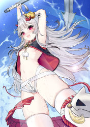 Rule 34 | 1girl, areola slip, arm behind head, arm up, armpits, au11, azur lane, blue sky, blush, breasts, crop top, crop top overhang, dated, day, fangs, grey hair, hibiki (azur lane), highres, looking at viewer, navel, nipple slip, nipples, open mouth, outdoors, pleated skirt, purity seal, red eyes, red skirt, sidelocks, signature, skin fangs, skindentation, skirt, unworn skirt, sky, small breasts, solo, stomach, thighhighs, thighs, vest, water, white thighhighs