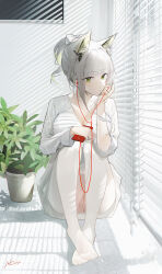 Rule 34 | 1girl, animal ear fluff, animal ears, arknights, breasts, cat ears, cellphone, cleft of venus, closed mouth, dress, earphones, green eyes, green hair, grey hair, kal&#039;tsit (arknights), large breasts, listening to music, long sleeves, looking to the side, omone hokoma agm, pantyhose, phone, plant, short hair, signature, smartphone, solo, white dress, white hair, white pantyhose