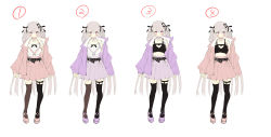 Rule 34 | 1girl, absurdres, asymmetrical legwear, belt, black belt, black ribbon, black thighhighs, closed mouth, clothing cutout, concept art, crop top, drill hair, gaou (umaiyo puyoman), grey hair, hair ornament, hair ribbon, heart, heart cutout, heart hair ornament, high-waist skirt, highres, hourei tenten, jacket, long hair, long sleeves, looking at viewer, melty+, mismatched legwear, multiple views, numbered, off-shoulder jacket, off shoulder, pink eyes, pink footwear, pink jacket, pink skirt, pleated skirt, ribbon, shoes, simple background, skirt, standing, thighhighs, twin drills, two side up, very long hair, virtual youtuber, white background