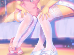 Rule 34 | 2girls, a.x., bed, dress, facing another, hand on own thigh, head out of frame, legs, lower body, multiple girls, nurse, original, pantyhose, pillow, pink dress, pink footwear, sandals, short dress, short sleeves, sitting, sparkle, thighhighs, thighs, white dress, white footwear, white legwear, yuri