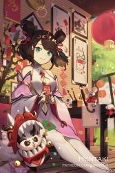 Rule 34 | 1girl, animal, artist name, bare shoulders, black hair, blue eyes, breasts, bridal gauntlets, brown flower, calligraphy brush, cleavage, cleavage cutout, clothing cutout, commentary, day, detached sleeves, dragalia lost, dress, english commentary, flower, hentaki, holding, holding paintbrush, lantern, lin you, long sleeves, mouse (animal), navel, navel cutout, no shoes, otoshidama, paintbrush, pantyhose, paper lantern, sitting, sleeveless, sleeveless dress, solo, two side up, watermark, web address, white dress, white pantyhose, white sleeves, wide sleeves, wooden floor