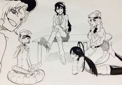 Rule 34 | 1boy, 4girls, androgynous, bambietta basterbine, black hair, bleach, candice catnipp, giselle gewelle, grin, hat, highres, indian style, crossed legs, liltotto lamperd, long hair, looking at viewer, lying, meninas mcallon, monochrome, multiple girls, on stomach, quincy (bleach), short hair, sitting, smile, table, teeth, trap