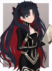 Rule 34 | 1girl, black hair, blue eyes, breasts, commentary request, covered navel, cowboy shot, fate/grand order, fate (series), grey background, hinomaru (futagun), holding, holding tablet pc, horns, ishtar (fate), long hair, looking at viewer, multicolored hair, red hair, small breasts, smile, solo, space ishtar (fate), space ishtar (first ascension) (fate), straddling, tablet pc, two-tone background, two-tone hair, two side up, white background