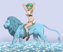 Rule 34 | 10s, aquarion (series), aquarion evol, drawfag, green hair, lion, midriff, pun, riding, simple background, solo, water, zessica wong