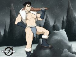 Rule 34 | 1boy, avatar legends, bara, black hair, bolin, caveman, commentary, english commentary, green eyes, grin, highres, leg up, male focus, muscular, muscular male, navel, nipples, official alternate costume, one eye closed, pectorals, pelvic curtain, short hair, smile, snowing, solo, standing, stomach, the legend of korra, thick eyebrows, thighs, vispa king