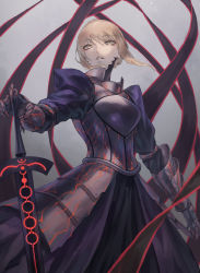 Rule 34 | 1girl, armor, armored dress, armored gloves, artoria pendragon (all), artoria pendragon (fate), black dress, blonde hair, breasts, commentary request, dark persona, dress, excalibur morgan (fate), fate/grand order, fate/stay night, fate (series), gauntlets, hair bun, highres, holding, holding sword, holding weapon, long sleeves, looking at viewer, looking down, makitoshi0316, medium breasts, parted lips, saber alter, single hair bun, solo, sword, weapon, yellow eyes