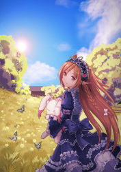 Rule 34 | 1girl, blue dress, blue sky, braid, brown eyes, brown hair, bug, butterfly, cloud, cloudy sky, day, dress, fence, field, frilled dress, frilled hairband, frills, gothic lolita, grass, hair between eyes, hair ribbon, hairband, holding, holding stuffed toy, insect, kyoumu (huangf91), lolita fashion, long hair, looking at viewer, looking back, outdoors, parted lips, pointy ears, ribbon, sky, smile, solo, stuffed animal, stuffed toy, sun, tree, tress ribbon, very long hair, white ribbon