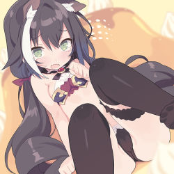Rule 34 | 1girl, animal ear fluff, animal ears, bare arms, bare shoulders, beige background, black hair, black panties, black thighhighs, blade (galaxist), blouse, blush, bow, breasts, bridal garter, cat ears, commentary request, crop top, dutch angle, fang, food, green eyes, hair between eyes, hair bow, hand up, karyl (princess connect!), knees up, long hair, low twintails, multicolored hair, no detached sleeves, no pants, open mouth, panties, princess connect!, pudding, purple bow, ringlets, shirt, sitting, small breasts, solo, streaked hair, tears, thighhighs, twintails, underwear, very long hair, white hair, white shirt