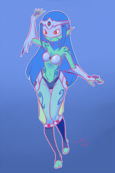 Rule 34 | 1girl, blue background, breasts, digimon, digimon (creature), drantyno, female focus, mask, medium breasts, original, red eyes, solo