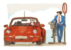 2boys ace_attorney ascot bicycle black_hair blue_jacket blue_pants car closed_mouth driving grey_hair highres jacket looking_at_another male_focus miles_edgeworth motor_vehicle multiple_boys necktie no_parking_sign pants parted_bangs phoenix_wright red_car red_jacket red_necktie senkan_(708thousands) shirt short_hair smile smug spiked_hair sunglasses white_ascot white_shirt