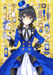 Rule 34 | 1girl, black hair, blue coat, blue eyes, blue hat, blue ribbon, bottle, bow, bowtie, brooch, coat, collared dress, cowboy shot, dated, dress, envelope, frills, glasses, gloves, hair ribbon, hand on own hip, hand up, hat, highres, holding, jewelry, long sleeves, looking at viewer, nardack, nib pen (object), original, pen, perfume bottle, pocket watch, ribbon, short hair, smile, solo, top hat, watch, wax seal, white dress, white gloves, wing collar, yellow-framed eyewear, yellow background