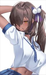 Rule 34 | 1girl, arm behind head, black collar, blue necktie, blue skirt, breasts, brown eyes, brown hair, collar, collared shirt, cropped shirt, dark-skinned female, dark skin, goddess of victory: nikke, hair ornament, hair over one eye, hair tie, large breasts, light blush, long hair, loose necktie, mouth hold, naga (nikke), navel, necktie, pleated skirt, shirt, short sleeves, side ponytail, simple background, skirt, solo, striped necktie, type09 sachi, white background, white shirt