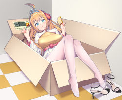 Rule 34 | 1girl, :q, absurdres, ahoge, alternate costume, aqua eyes, barcode, black footwear, blush, bow, box, braid, bread slice, breasts, cardboard box, checkered floor, chinese commentary, closed mouth, commentary request, feet, food, food request, full body, hair ribbon, high heels, highres, holding, holding food, in box, in container, large breasts, long hair, long sleeves, looking at viewer, lying, on back, orange hair, pantyhose, pecorine (princess connect!), pink bow, princess connect!, red ribbon, ribbon, shoes, side braid, signature, smile, solo, split mouth, tiara, toast, tongue, tongue out, unworn shoes, very long hair, weibo watermark, white pantyhose, xiaoxi0619