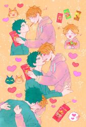 Rule 34 | 2boys, :3, bibibimix39, black cat, black hair, black sweater, blonde hair, cat, closed eyes, expressionless, food, food in mouth, given, heart, heart background, hood, hoodie, hug, kashima hiiragi (given), kiss, male focus, multiple boys, musical note background, open mouth, orange cat, pink hoodie, pocky, pocky in mouth, pocky kiss, shared food, sparkle background, speech bubble, sweater, yagi shizusumi (given), yaoi, yellow background