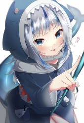 Rule 34 | 1girl, :p, bad id, bad pixiv id, blue eyes, blue hair, blue hoodie, blush, fins, fish tail, gawr gura, gawr gura (1st costume), heart, highres, hololive, hololive english, hood, hood up, hoodie, isana (isn kn), long sleeves, looking at viewer, multicolored hair, seiza, signature, silver hair, sitting, solo, stick, streaked hair, tail, tongue, tongue out, virtual youtuber, weapon, white background, wide sleeves